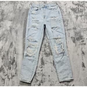 H&M Jeans Womens 6 Blue Light Wash Distressed Ripped‎ Ultra High Waist Mom Jean